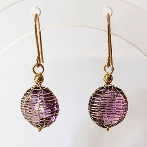 14k Solid Yellow Gold Round Amethyst Drop Spiderweb Design Dangle Hook Earrings